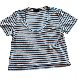 Veronica Beard Striped Short Sleeve Tee - Blue, Brown, White